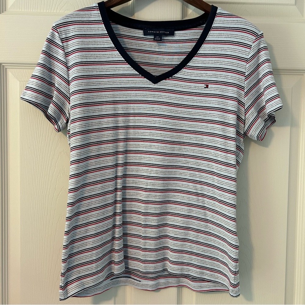Tommy Hilfiger Large Women's Striped V-Neck Top - Red, White, and Blue